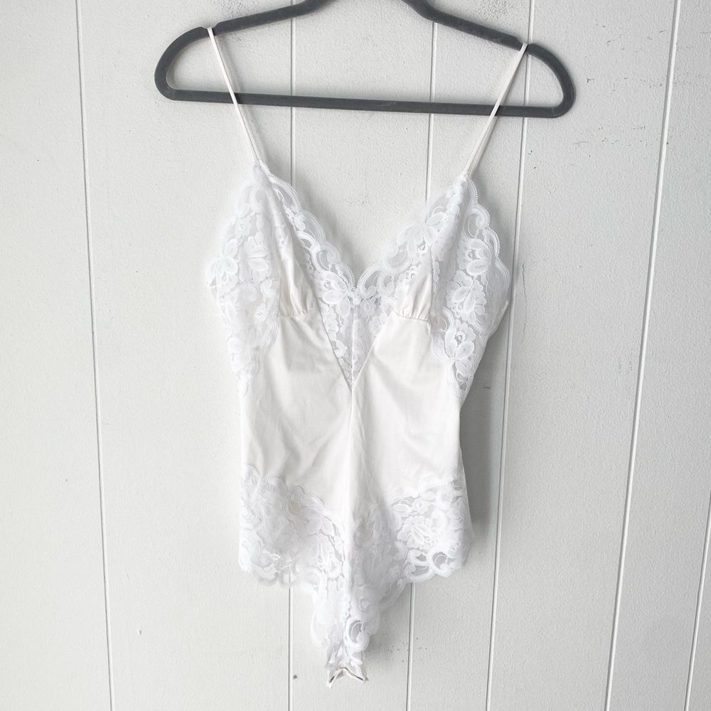 Vintage Interludes‎ Nylon Lace Trim Satin Slip Teddy Bodysuit Sz M Snap Closure